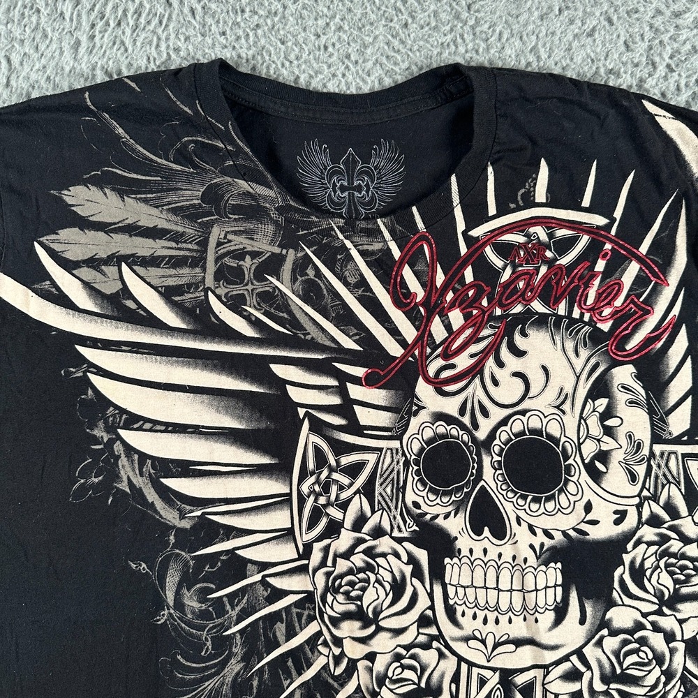 Vintage XZAVIER Shirt Skull Wings Grunge AOP Graphic Tee Y2K USA Size 2XL‎ - Picture 2 of 7